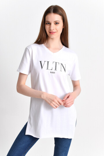 9282825 Süprem Vltn Paris Bas.Yırtmaçlı Kısa Kol V Yaka Bluz BEYAZ