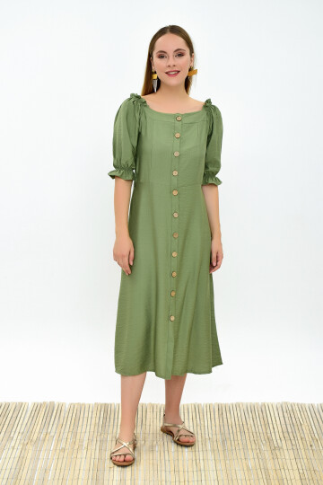 9301603 Bodrum K.Önü Düğmeli Balon Kol Elbise HAKI