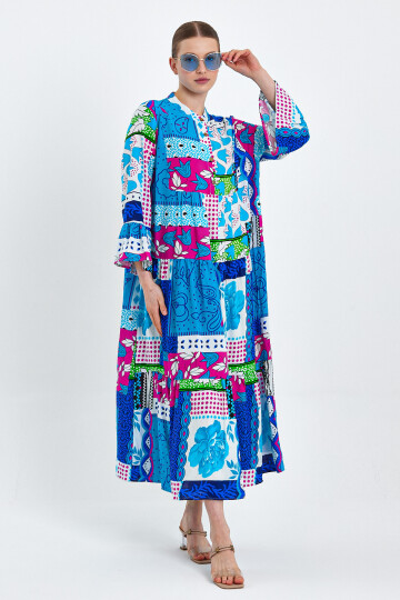 VP5293 Hakim Yaka Desenli Uzun Kol Elbise A.MAVI