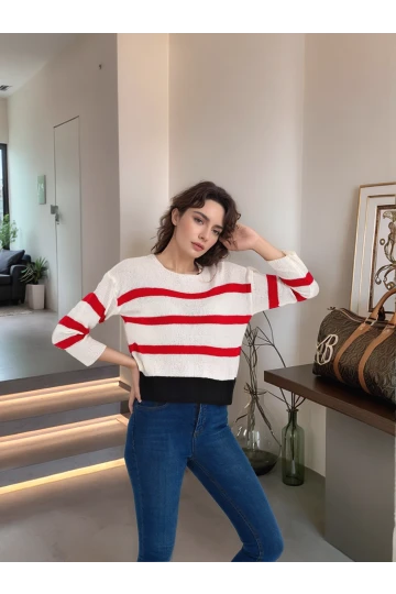 20026185 Triko Çizgili Bluz EKRU-KIRMIZI