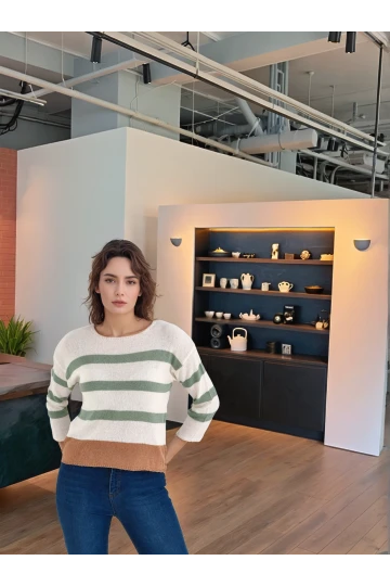 20026185 Triko Çizgili Bluz EKRU YESIL