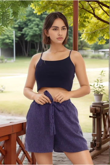 20074507 Dok.Keten Cepli Bağlamalı Beli Lastikli Şort LACIVERT