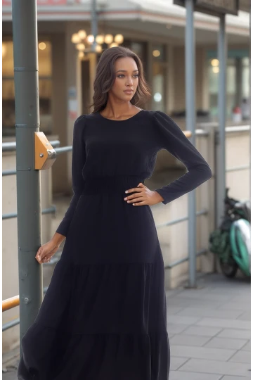 20333316 Ayrobin Beli Gipeli Uzun Kol Uzun Elbise SIYAH