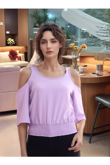 20333451 Ayrobin Omuzu Açık Beli Lastikli Kısa Kol Bluz LILA