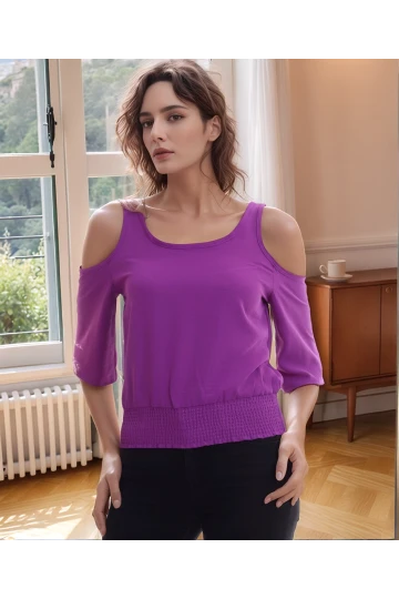 20333451 Ayrobin Omuzu Açık Beli Lastikli Kısa Kol Bluz MOR