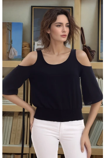 20333451 Ayrobin Omuzu Açık Beli Lastikli Kısa Kol Bluz SIYAH