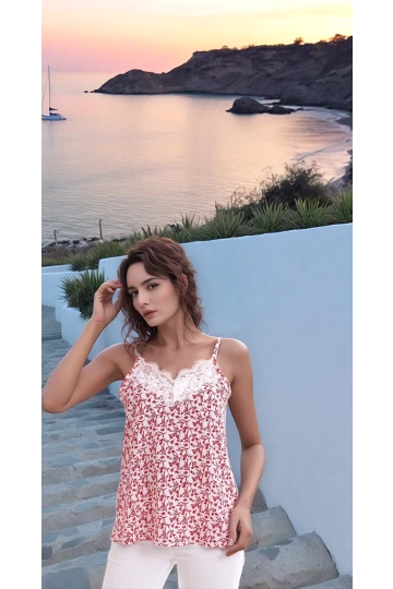 20333454 Kobe Desenli Yaka Dantelli Kolsuz Bluz KIRMIZI ÇIÇEK DESENLI