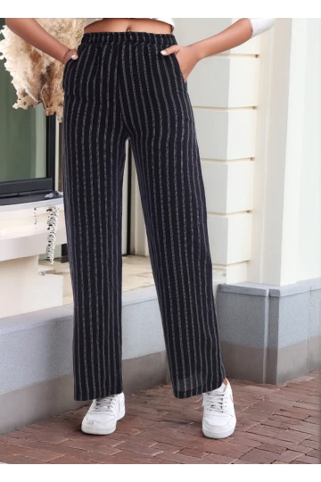 20333459 Keten Çizgi Desenli Cepli Pantolon SIYAH