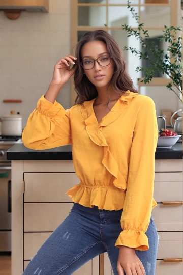 20343266 Ayrobin Kruvaze Fırfırlı Uzun Kol Bluz HARDAL