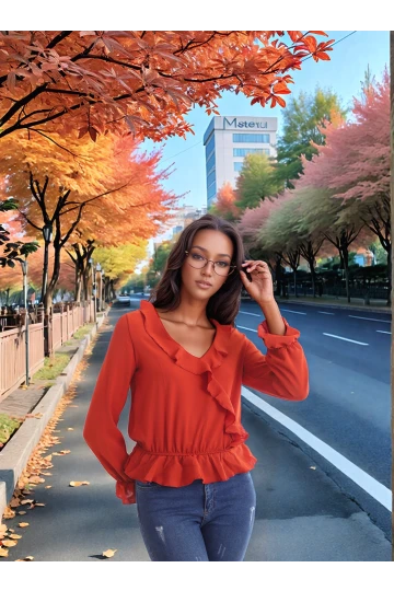 20343266 Ayrobin Kruvaze Fırfırlı Uzun Kol Bluz KIREMIT