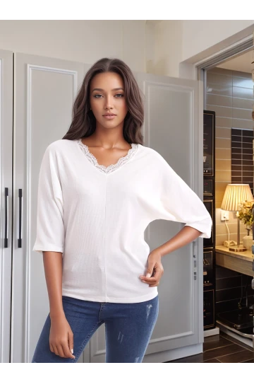 20343331 Kaşkorse Yaka Dantelli Yarasa Kol Bluz EKRU