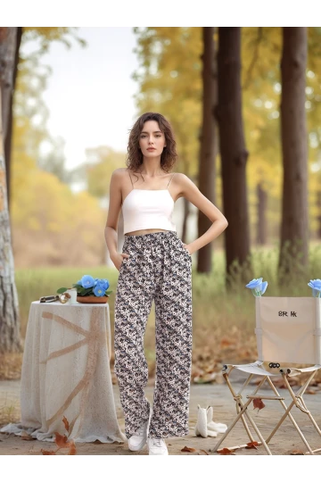 20343432 Dok.Viskon Çiçek Desenli Cepli Bol Paça Pantolon EKRU ÇIÇEK DESEN