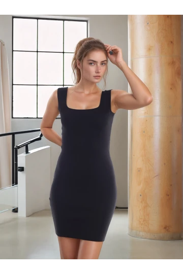 20346238 Triko Kare Yaka Kolsuz Elbise SIYAH