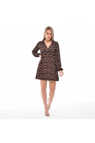 23124032 Raşel Desenli Kruvaze Yaka Uzun Kol Elbise SIYAH KIRMIZI