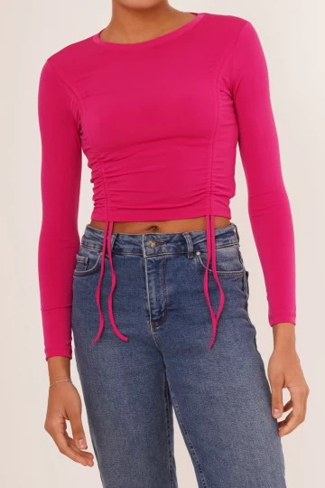 23254005 Sandy Önü Tünelli Büzgülü Uz.Kol Bluz FUSYA