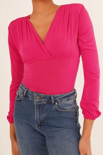 23254223 Sandy Kruvaze Yaka Büzgülü Vatkalı Uz.Kol Bluz FUSYA