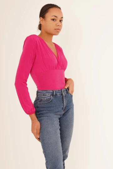 23254223 Sandy Kruvaze Yaka Büzgülü Vatkalı Uz.Kol Bluz FUSYA