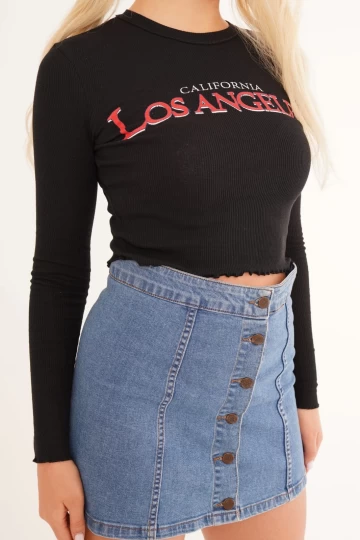 23254241 Kaşkorse Los Angeles Baskılı Crop Bluz SIYAH