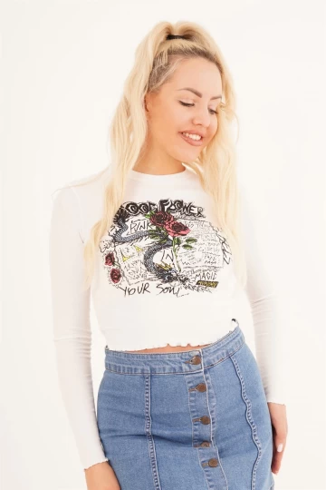 23254245 Kaşkorse Gül Baskılı Uz.Kol Bluz BEYAZ