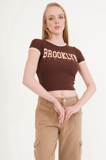 23254270 Pam.Kaşkors Brooklyn Bsk Garnili Kısa Kol Crop Bluz KAHVE