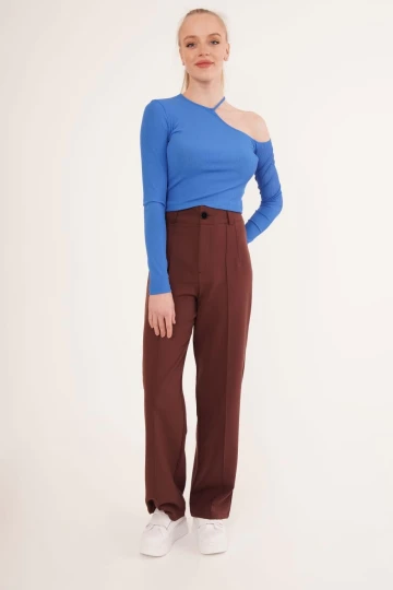 23254279 Kaşkorse Tek Omuz Yaka İpli Crop Bluz MAVI