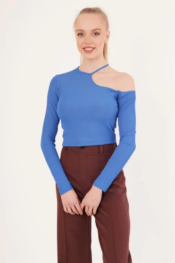 23254279 Kaşkorse Tek Omuz Yaka İpli Crop Bluz MAVI