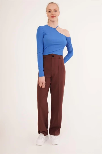 23254279 Kaşkorse Tek Omuz Yaka İpli Crop Bluz MAVI