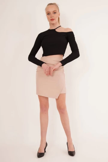 23254279 Kaşkorse Tek Omuz Yaka İpli Crop Bluz SIYAH