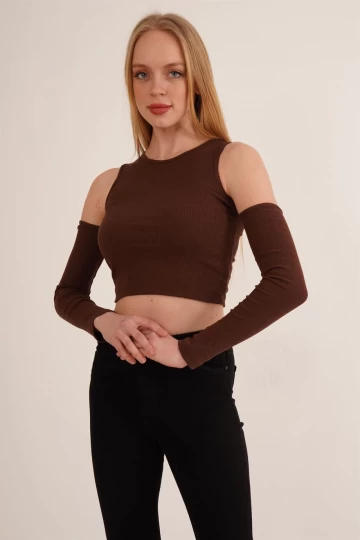 23254280 Kaşkorse Omuzları Açık Uz.Kol Bluz KAHVE