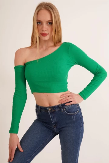 23254281 Kaşkorse Tek Omuz Dekolteli Uz.Kol Bluz YESIL