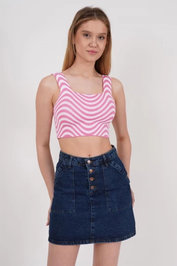 23256429 Triko Zebra Desenli Kare Yaka Crop Atlet PEMBE