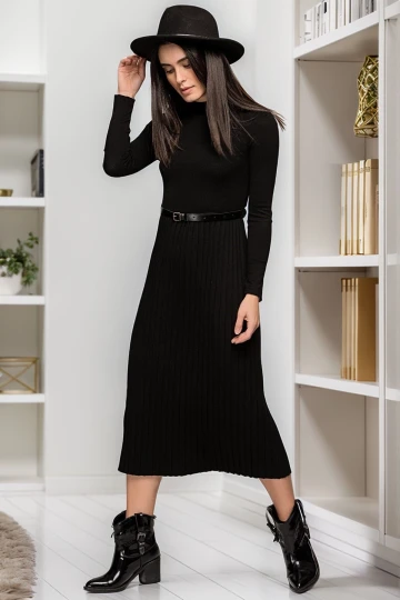 7012011 Yarım Balıkçı Eteği Pliseli Uzun Elbise SIYAH