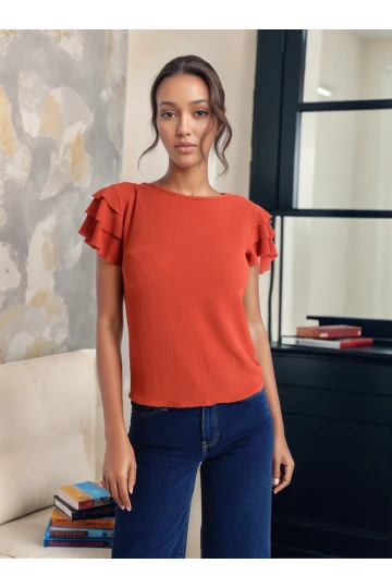 8052201 Kobe Fırfırlı Kısa Kol Bluz KIREMIT