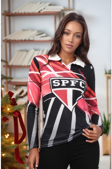 8515150 Digital Baskılı Polo Yaka Uzun Kol Bluz SIYAH-EKRU