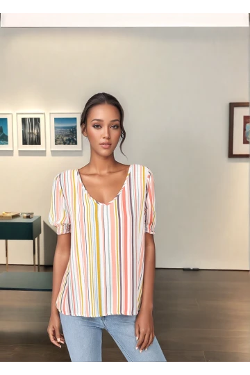 9363011 Krinkle Çizgili V Yaka Kol Ağzı Gipeli Kısa Kol Bluz RENKLİ ÇİZGİLİ