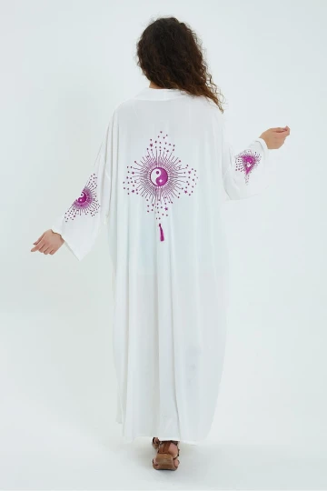 VP911 Nakış Detaylı Kemerli Kimono BEYAZ