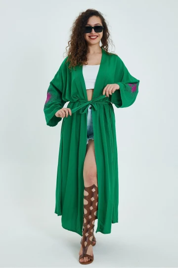VP911 Nakış Detaylı Kemerli Kimono YESIL