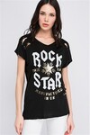 8101095 Rock Star Baskılı Kancalı İğne Detaylı T.Shirt SIYAH