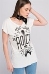 8070706 Rock Baskılı Kancalı İğne Detaylı Yarasa Kol T.Shirt EKRU