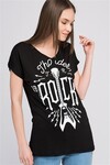 8070706 Rock Baskılı Kancalı İğne Detaylı Yarasa Kol T.Shirt SIYAH