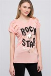 8101095 Rock Star Baskılı Kancalı İğne Detaylı T.Shirt PUDRA