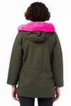 8424242 Gabardin İçi Peluşlu Cepli Kapşonlu Parka Kaban HAKI-FUSYA