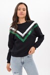 9454545 İkiiplik Şardonlu V Şerit Payetli Sweatshirt SIYAH