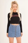 23254241 Kaşkorse Los Angeles Baskılı Crop Bluz SIYAH