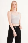 23254275 Kaşkorse İp Askılı Dantelli Crop Bluz GRI