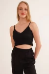 23254275 Kaşkorse İp Askılı Dantelli Crop Bluz SIYAH