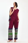 VP1042 Kadın Desenli Bluz Gömlek Pantolon 3lü Takım BORDO