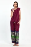 VP1042 Kadın Desenli Bluz Gömlek Pantolon 3lü Takım BORDO