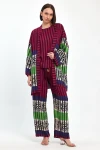 VP1042 Kadın Desenli Bluz Gömlek Pantolon 3lü Takım BORDO