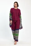 VP1042 Kadın Desenli Bluz Gömlek Pantolon 3lü Takım BORDO
